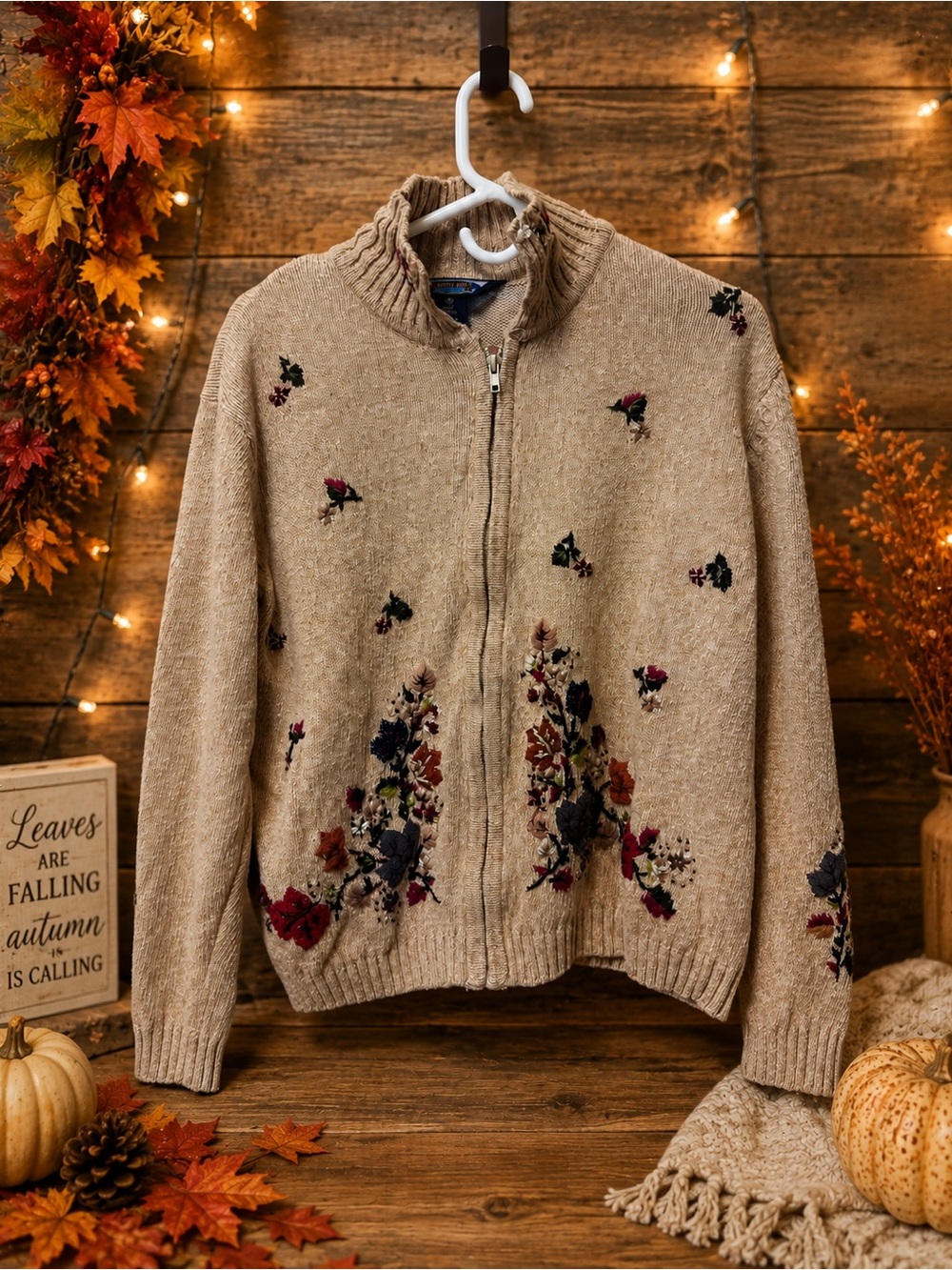 Women’s Beige Shaver Lake Floral Zip-Up Sweater Jacket